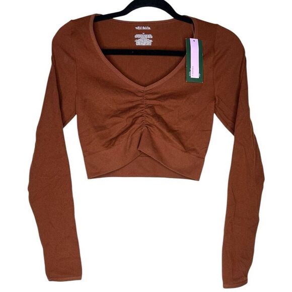 NEW Wild Fable Brown Long Sleeve V-Neck Front Cinch Fitted T-Shirt M - Picture 2 of 7